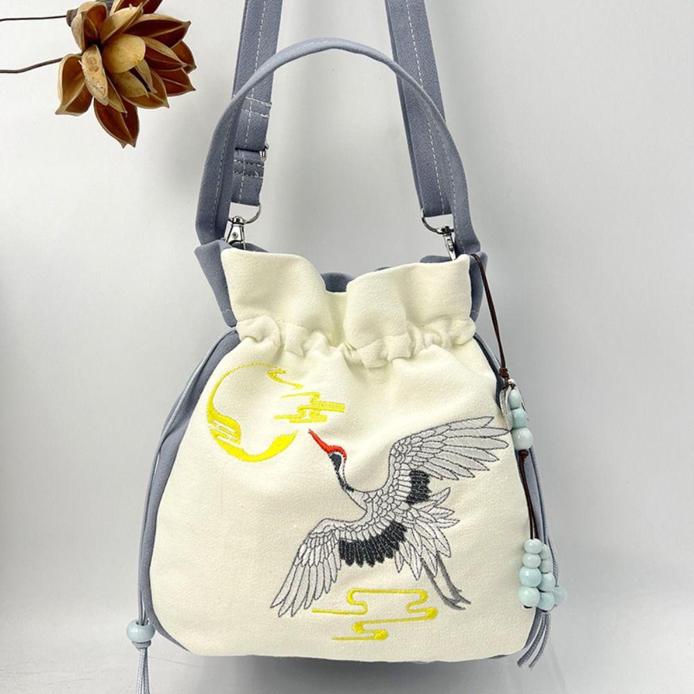 

Silk Satin Embroidery Drawstring Bag Shoulder Bag Ethnic Style Hanfu Tassel Bag Purse Flower Bucket Bag Chinese Style Handbag