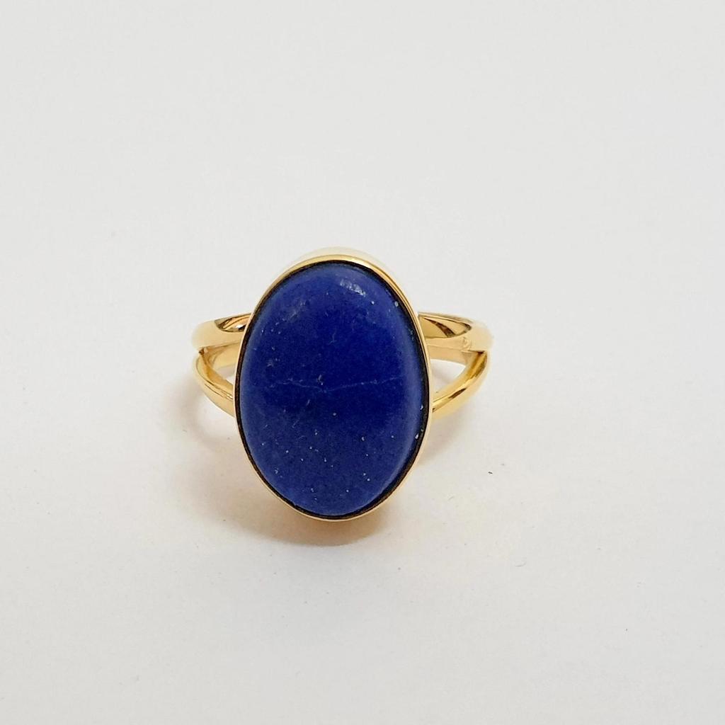 Oval Cab Blue Lapis Lazuli 925 Sterling Silver Yellow Gold Overlay Ring Jewelry