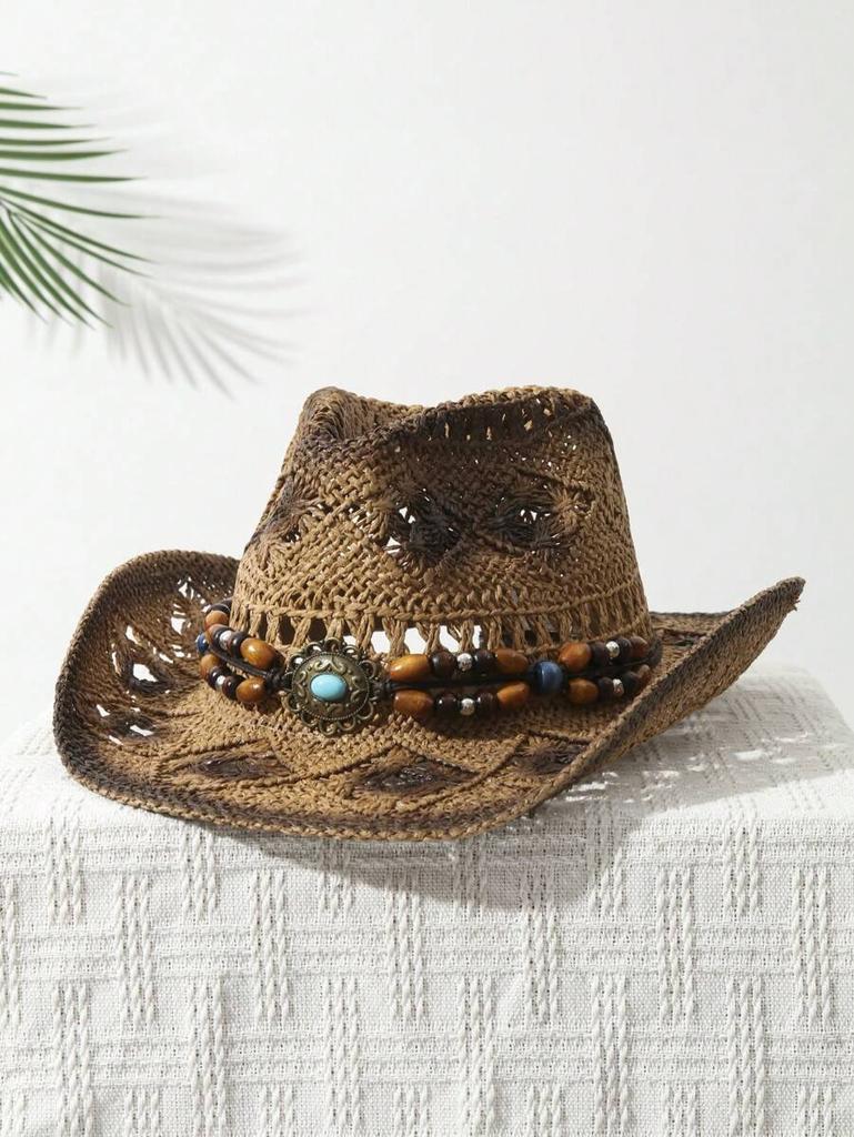 Unisex Hand Woven Straw Cowboy Hat With Beaded Trim Band Hollow Breathable Sun Hat For Summer Travel Beach