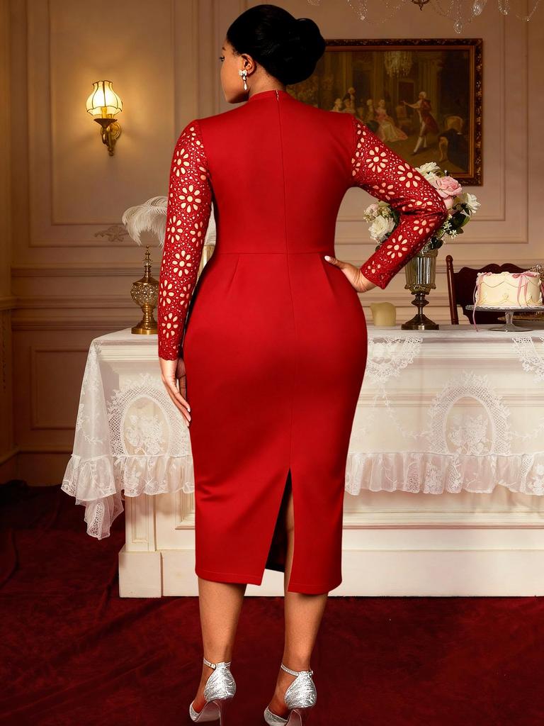 Elegant Plus Size Lace Dress with Ruffle Waist for Wedding Guests