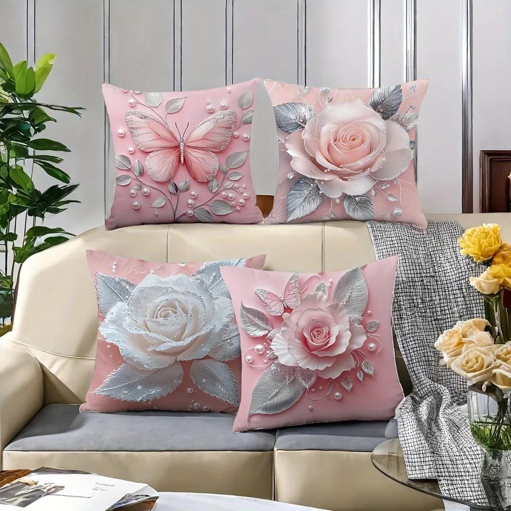 Home Decor Pink Roses & Butterflies Pillow Covers Pattern Cushion Cover Suitable For Sofa Bedroom Car Pillow Cover