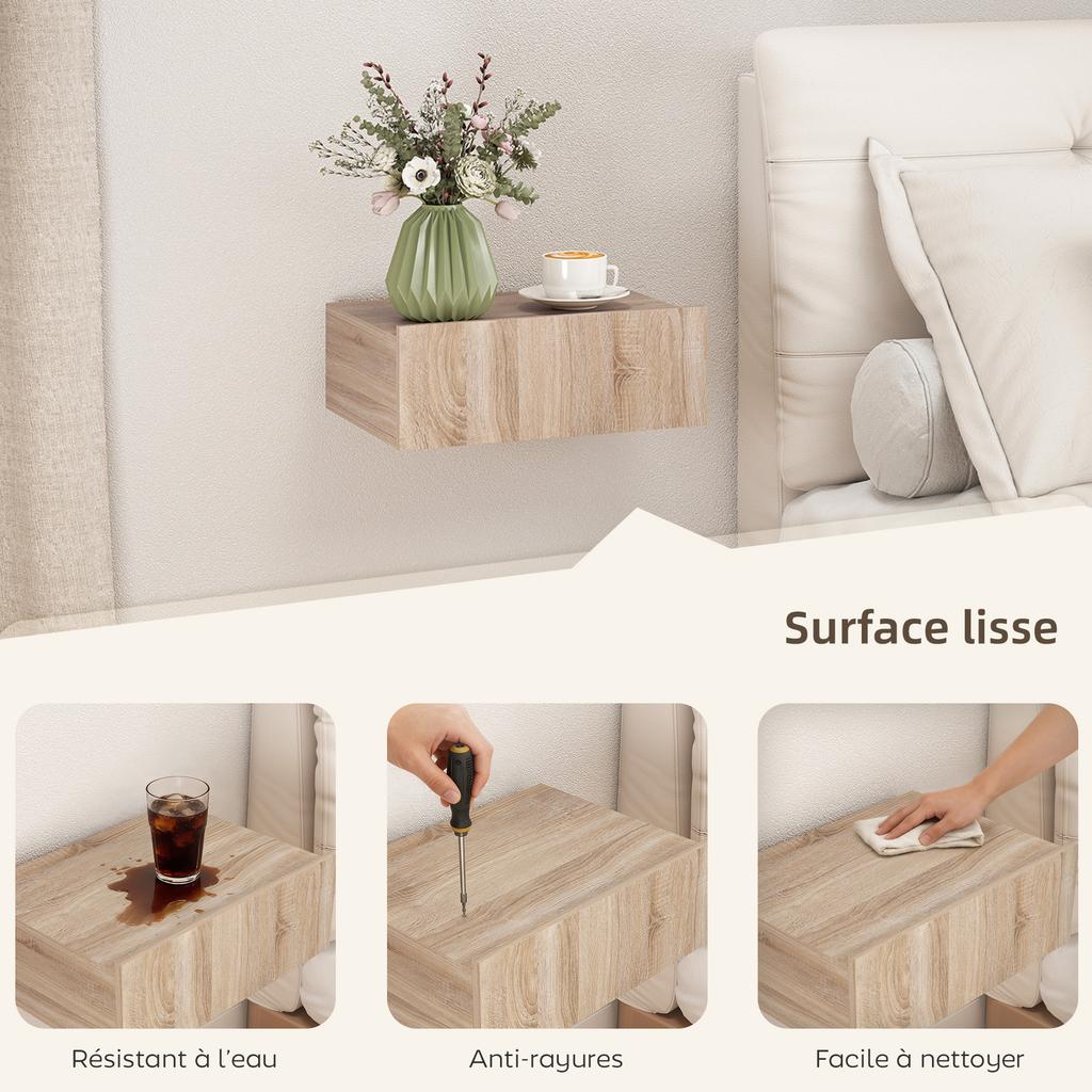 Set of 2 Wall-Mounted Nightstands, Sliding Drawer, 40x30x15 cm, Oak