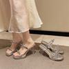 Transparente High-Heel-Slipper Damen Sommer 2025 neu wasserdicht Plateau Ein-Wort-Riemen mit Rock Sandalen Kristallabsatz-Sandalen