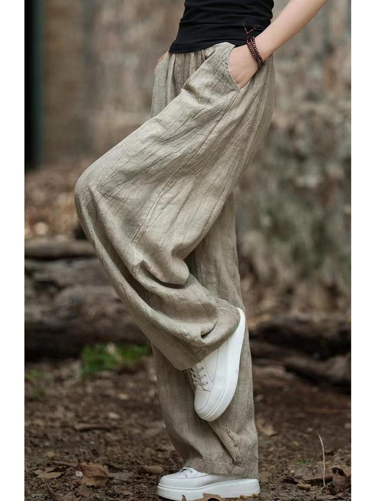 Women's 2025 Distressed Cotton Linen Lantern Pants - Casual, Versatile, Literary Style for Travel