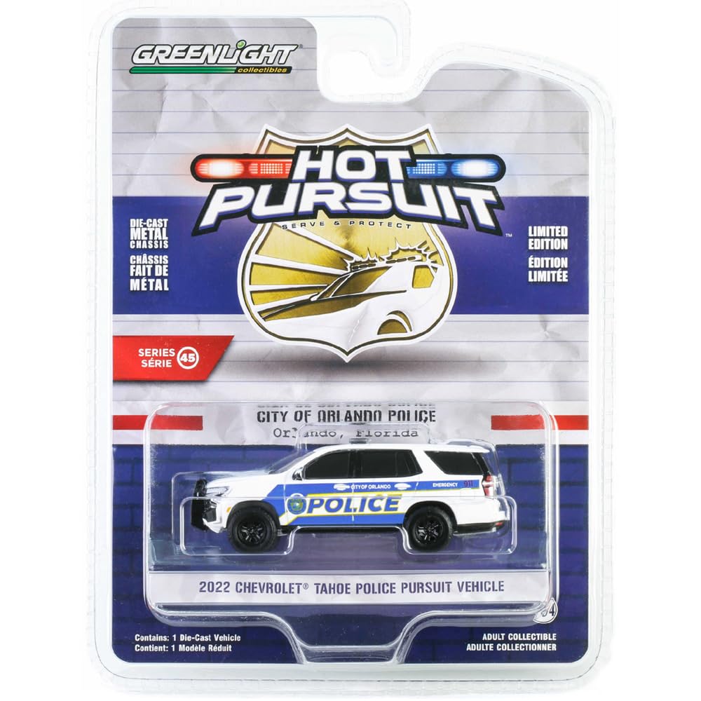 GREENLIGHT Масштаб 1:64 Серия Hot Pursuit 45 – 2022 Chevrolet Tahoe Полицейский автомобиль преследования – Полиция города Орландо