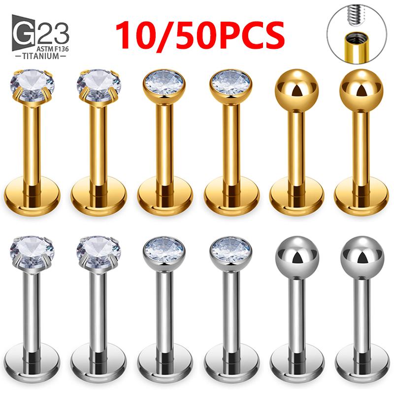 10 Stück/50 Stück G23 Titan Labret Ohrlippe Ohrstecker Schmuck Quadratischer Zirkonia Stein Knorpel Tragus Ohrring Zungenpiercings Gewinde Körper Schmuck