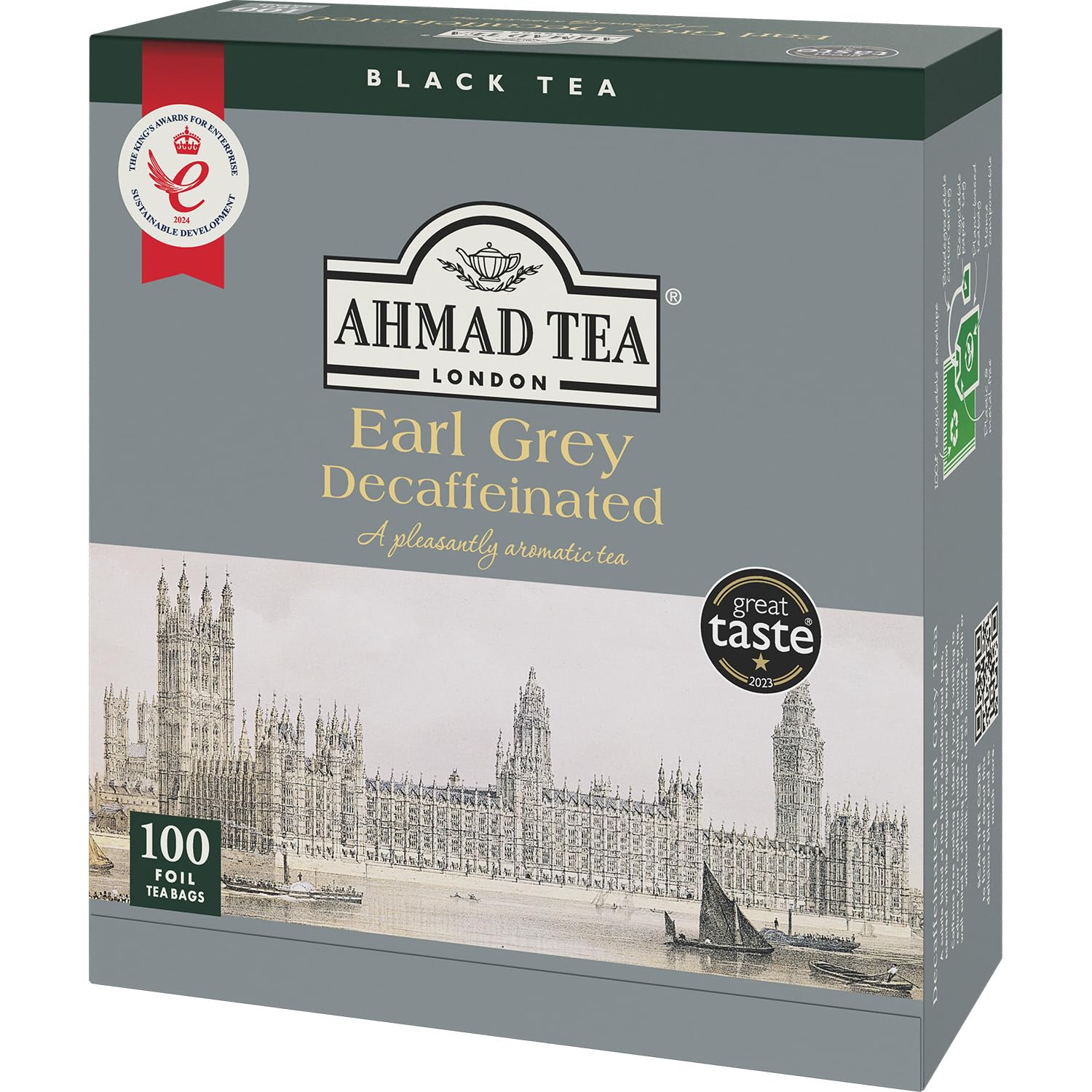 Ahmad Tea Decaffeinated Earl Grey Bags 100 Pack Individually Wrapped Famous British Brand Large Capacity Bulk