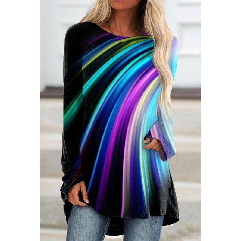 Spring and Autumn Round Neck Flower Pattern 3D Printed Top Fashionable Casual Vintage Long Sleeved Women's T-shirts