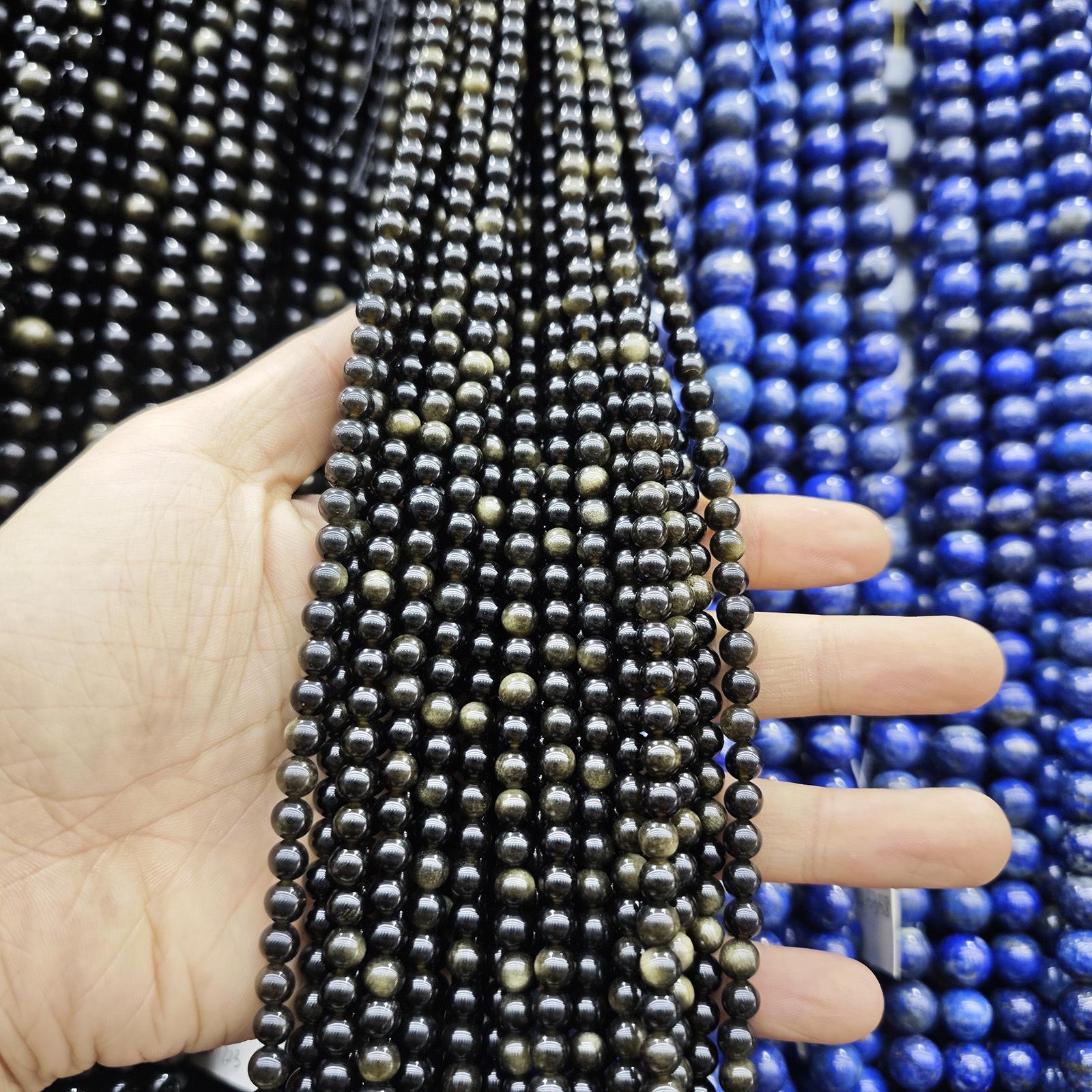 Natural Wujin Obsidian Round Loose Beads, Pure Black Beads, DIY Jewelry Making, Semi-Finished Bracelet Accessories 5A natural golden obsidian