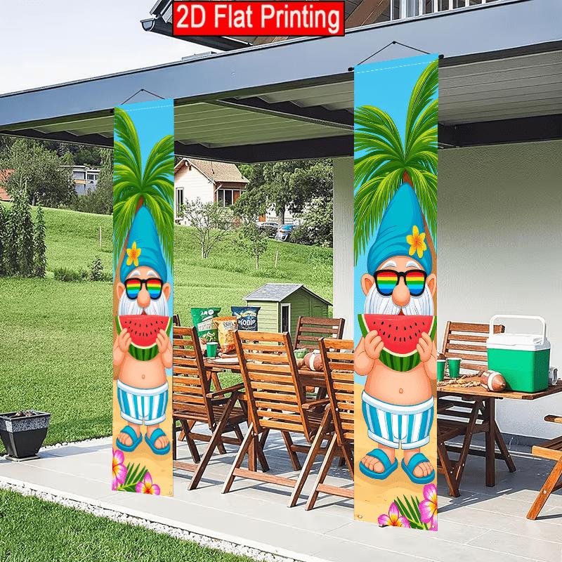 2D Flat, 2pc2D Flat Summer Dwarf Themed Porch Banner, 30.48x179.83 cm Polyester Door Couplet, Designed with Goblins, Watermelons, Beaches, Waves, Palm