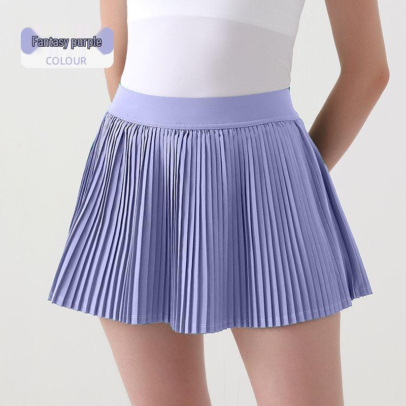 Damen Tennisrock mit hohem Bund: Fake zweiteiliger plissierter Sport-Skort mit integrierten Shorts.
