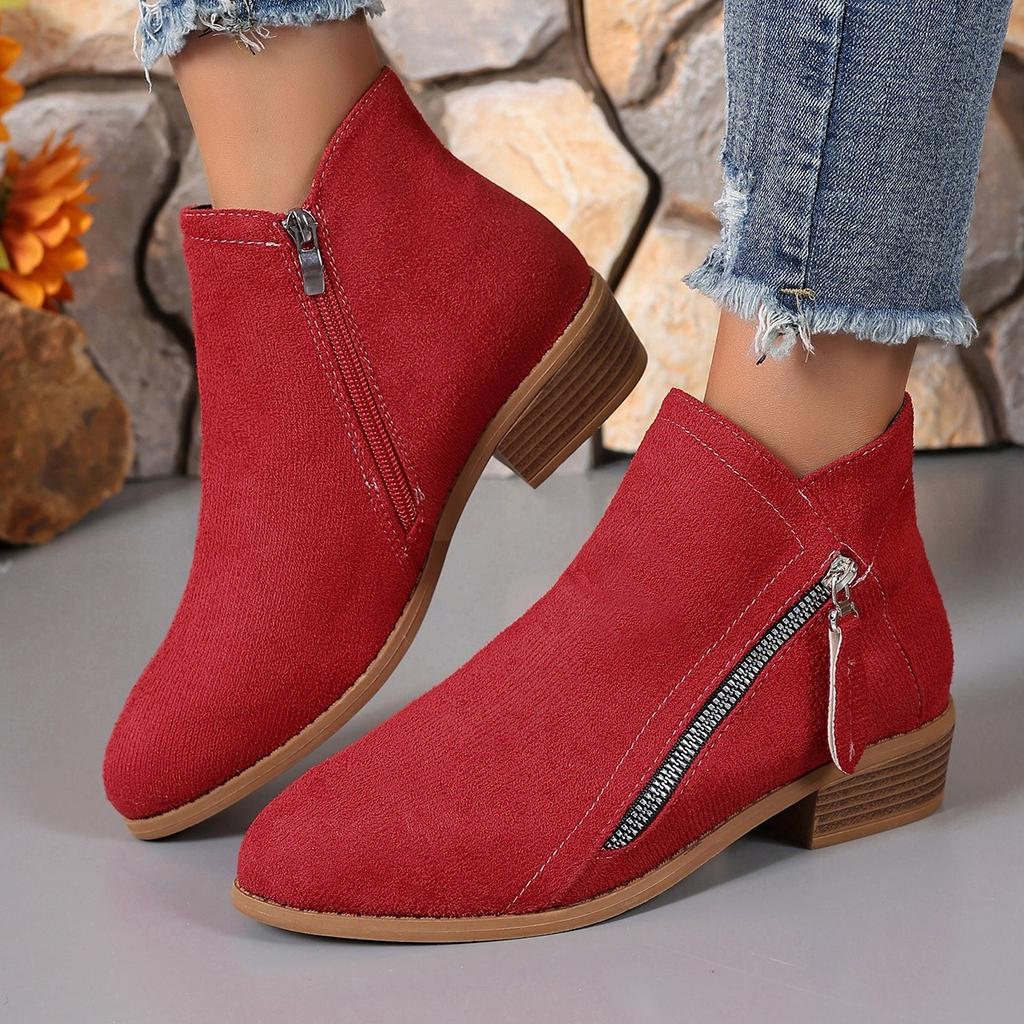 Women's Shoes, Women's Boots, Suede, Round Toe, Side Zipper, Thick Heel, Leather Boots, Women's Short Boots
