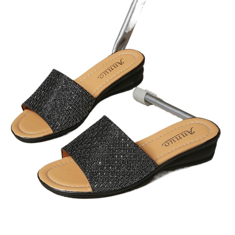 Fashion 2025 Summer New Women’s Open Toe Slippers Outdoor Casual Bling Wedges Sandals for Plus Size Round Toe Daily Beach Slippers