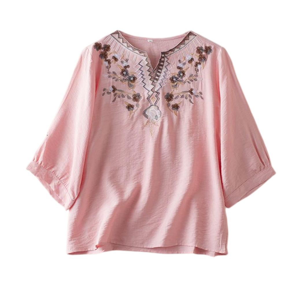 Women's Vintage Inspired Loose Fit Mid-Sleeve Cotton Linen Blend Embroidered Top