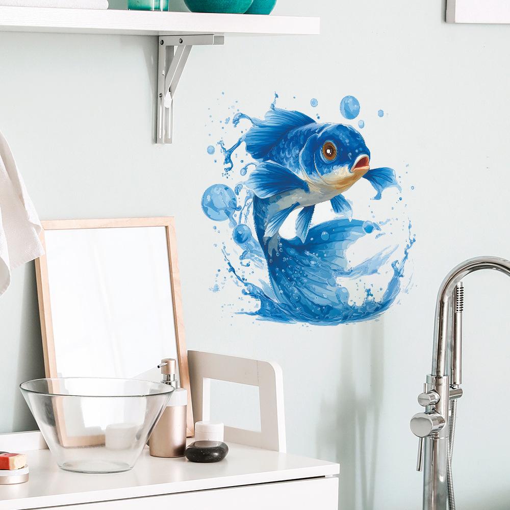 Creative and Lively Blue Carp Bathroom Background Decoration Stickers