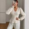 Women Autumn Winter V Neck Pearl Button Fitted Waist Fishtail Hem Knit Cardigan