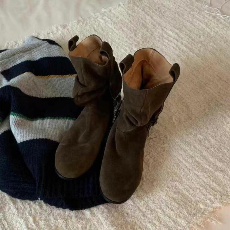 Sheepskin Version~ Handmade Pleated Stacking Boots Medium Boots Women's New Thin Boots Thick Heel Western Cowboy Boots