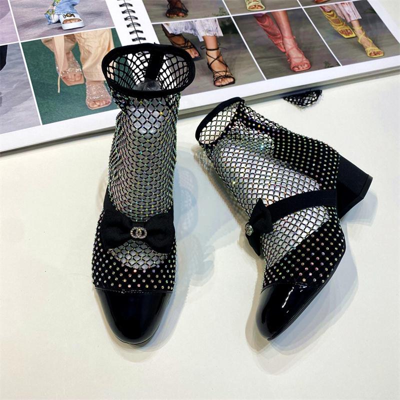 Fashion Spring Summer 2025new Rhinestone Bowkno Sexy Mesh Boots High Heels Small Fragrance Style Sandals Europe America Big Size 45 46
