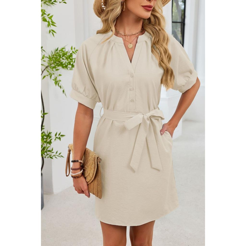 Abito Casual da Donna a Manica Corta Colore Unito con Scollo a V e Lacci, Stile Europeo Americano per il Commercio Transfrontaliero