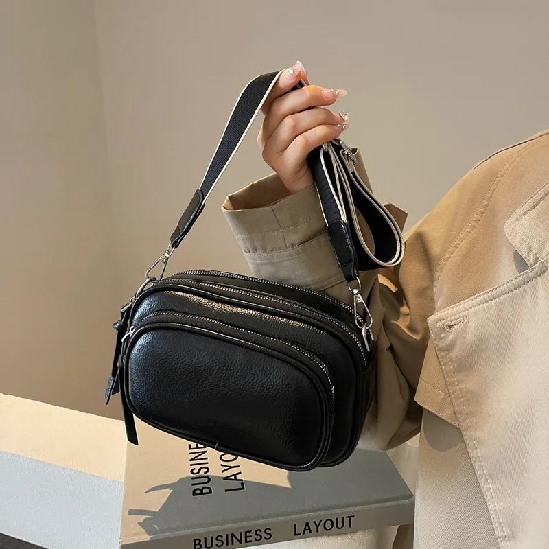 Fashionable Multi-layer Small Round Bag Versatile Soft Leather Shoulder Bag Version Wide Shoulder Strap Messenger Bag