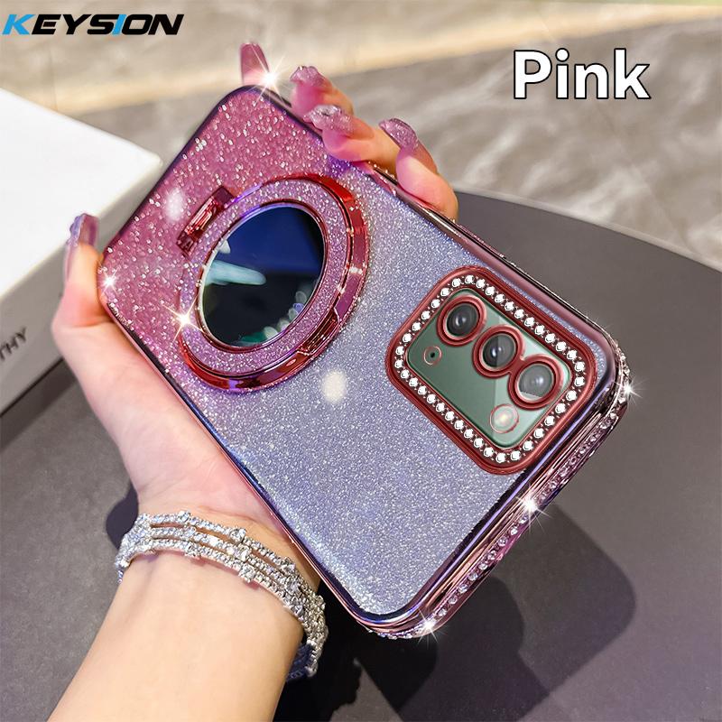 

KEYSION Luxury Glitter Jewelled Magnetic Phone Case for Samsung Galaxy Note 20 20 Ultra 5G Makeup Mirror Stand Shockproof Cover for Galaxy Note 20 розовый
