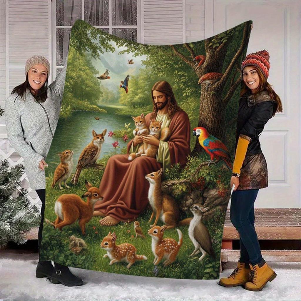 1pc Jesus Printing Flannel Blanket, Soft Cozy Blanket Nap Blanket for Travel Sofa Bed Office Home Decor, Birthday Holiday Gift