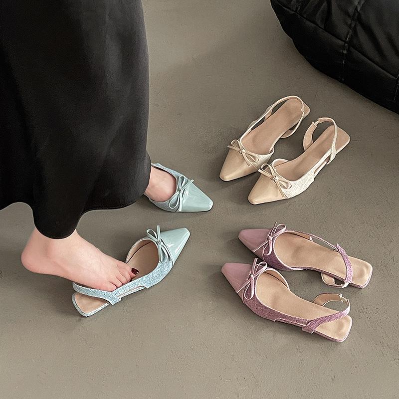 Schoenen met puntneus en strik, veelzijdige sandalen voor dames, bovenkleding 2025 zomer nieuw, Frans temperament, instapschoenen met lage wreef, trend