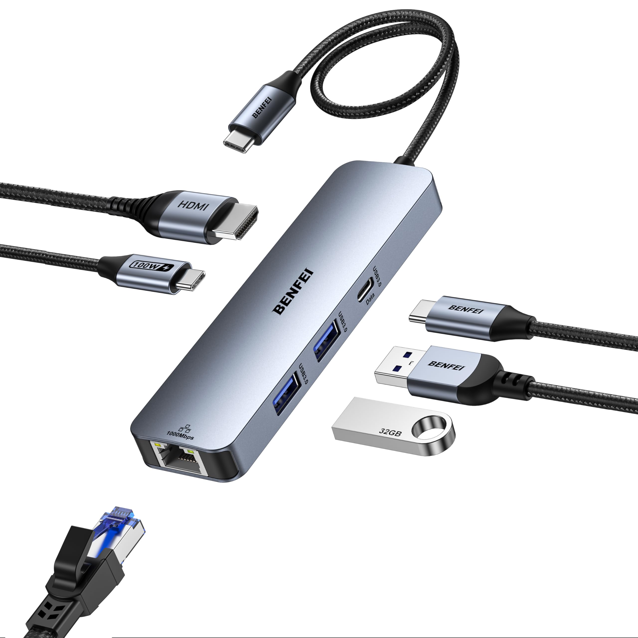 

BENFEI USB-C Hub 6-in-1 with HDMI (4K@60Hz), 2 x USB-A, 1 x USB-C Data, 100W Charging, Gigabit Ethernet, Tangle-Free Silicone Cable, Compatible with M