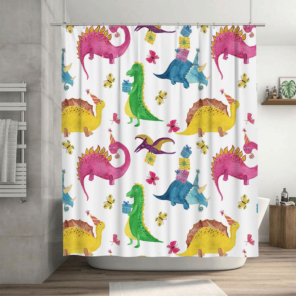 Brightly Colored Dinosaur Pattern Shower Curtain for Bathroom Decor Waterproof Fabric with Cartoon Print Blue Green Yellow Purpl