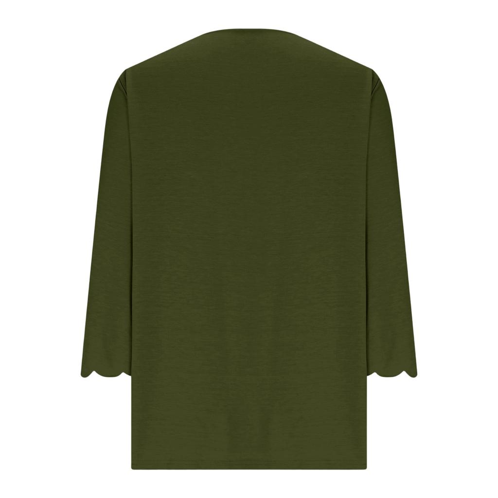 Women’s Casual Loose Fit Top with Scalloped V Neck and Decorative Scalloped Cuffs Three Quarter Sleeve Pullover Shirt