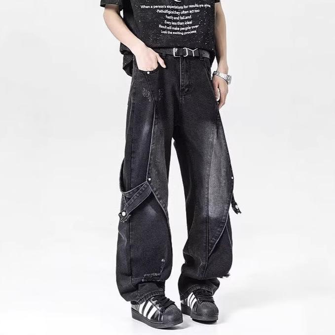 JYL Men's Bootcut Jeans  Washed Bandage Deconstructed Loose Flare Denim