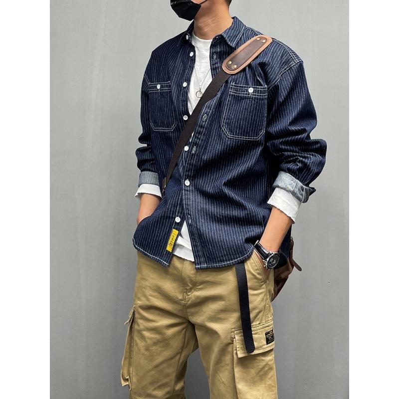 

Men’s American Retro Striped Denim Long-Sleeve Shirt: Casual Versatile Spring/Autumn Jacket M синій