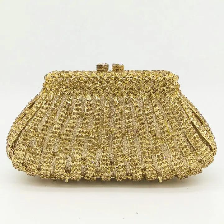 

Boutique De FGG Socialite Hollow Out Golden Diamond Wedding Party Handbag Purse Women Crystal Clutch Evening Minaudiere Bag (20cm Max Length 30cm)