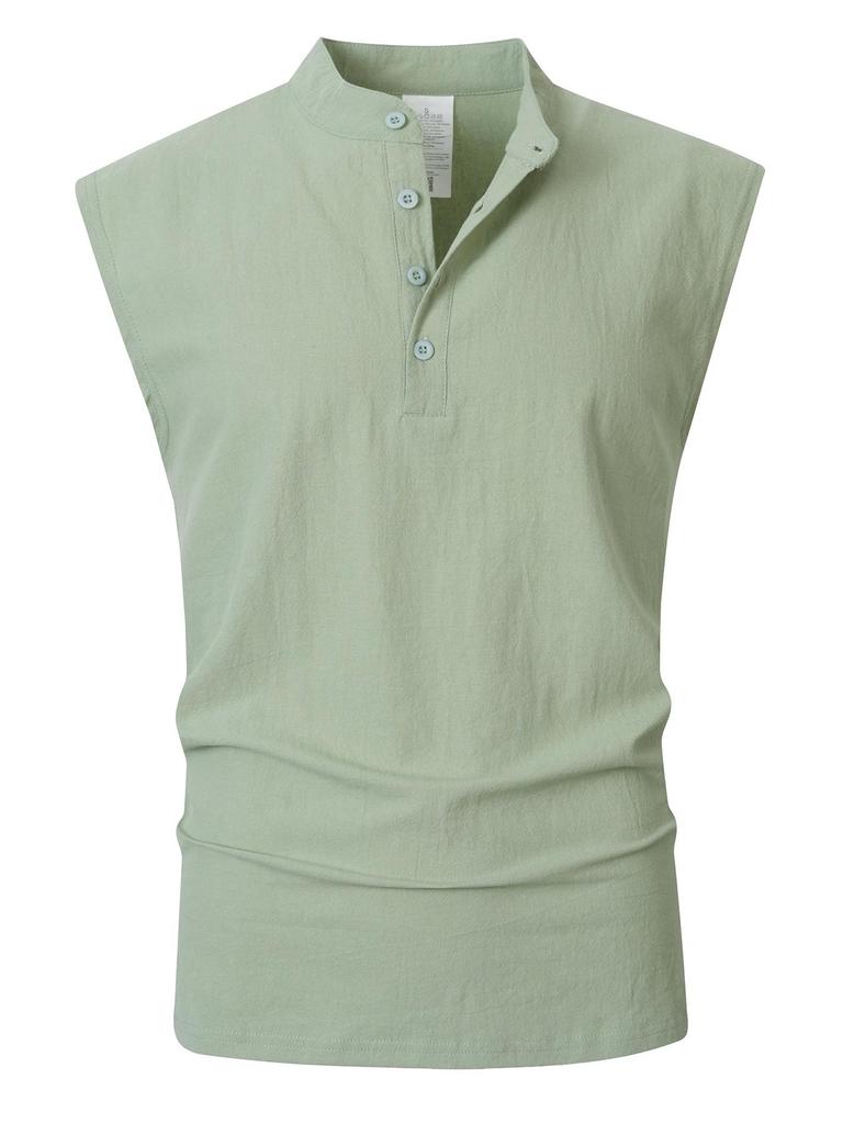 Men's Summer Linen Vest & Long Pants Set - Casual Sleeveless Sportswear with Stand-up Collar for Teens