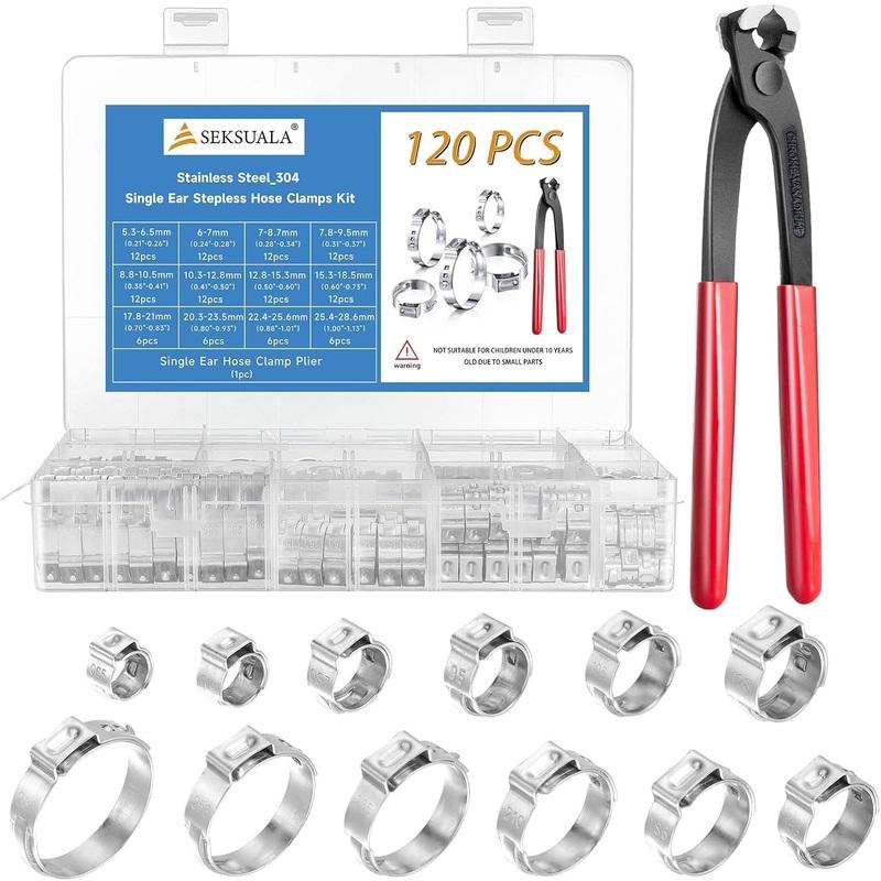 120pcs Single Ear Hose Clamp with Plier 304 Stianless Steel Cinch Clamp Ring Assortment Kit Stepless Adjustable Pipe Clamp Clips 120pcs