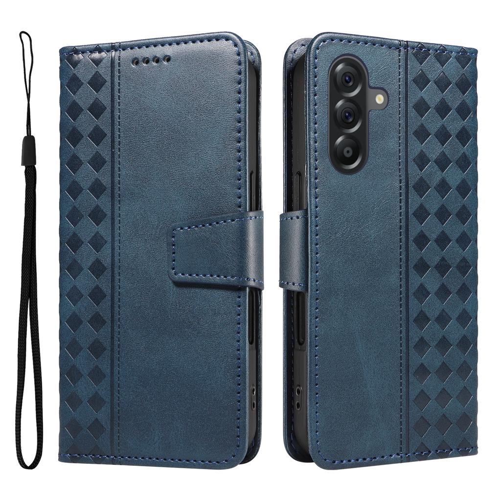 For Samsung Galaxy A56 5G Leather Case Wallet Stand Grids Imprinted Phone Cover with Strap