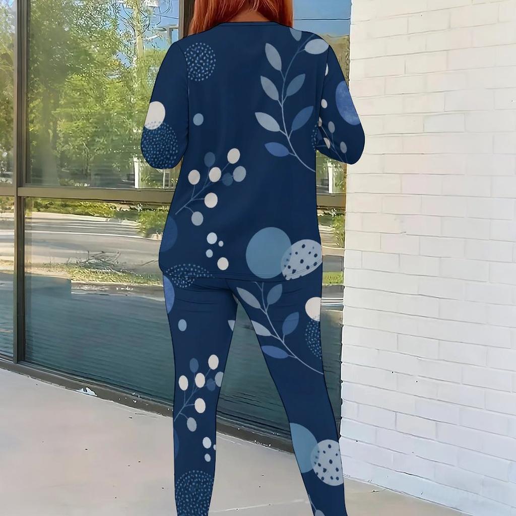 Women Plus Size White Printed Round Neck Long Sleeve Top And Fitted Pants Two Piece Set