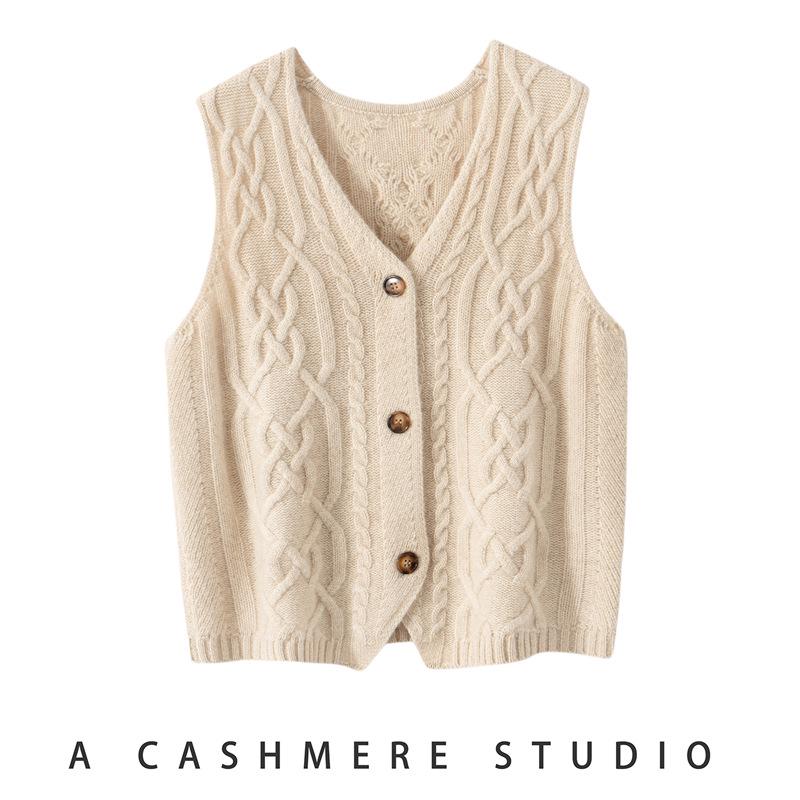 Women's 100% Pure Cashmere Cable Knit V-Neck Sleeveless Cardigan