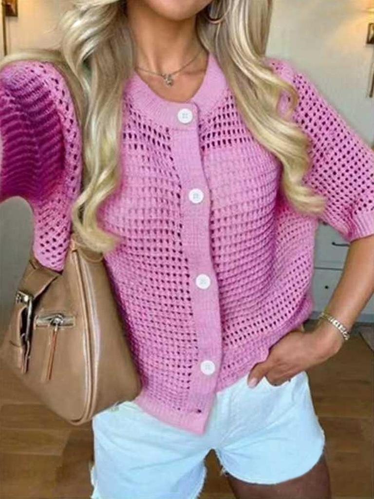 Women's 2026 French Style Hollow Knit Cardigan Sweater - Round Neck, Short Sleeve, Solid Color