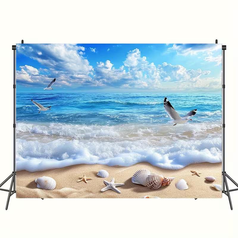 2D Küsten-Meeresufer-Wandteppich, Sandstrand mit Muscheln Wandbehang
