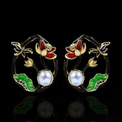 Mode retro emaille wilde verse lotus oorbellen zilveren parel oorstekers voor dames sieraden cadeau feest bruiloft
