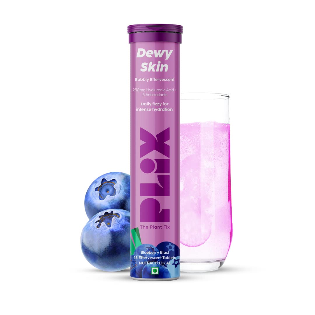 

PLIX The Plant Fix Hyaluronic Acid Effervescent 15 Tablets Blueberry Flavor For Skin Hydration Glow Pack Of 1 Care