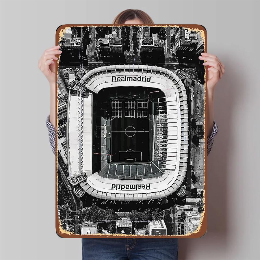 Real Madrid Stadium Aerial View Metal Wall Art Black White Sports Decor Football Fan Collection Souvenir