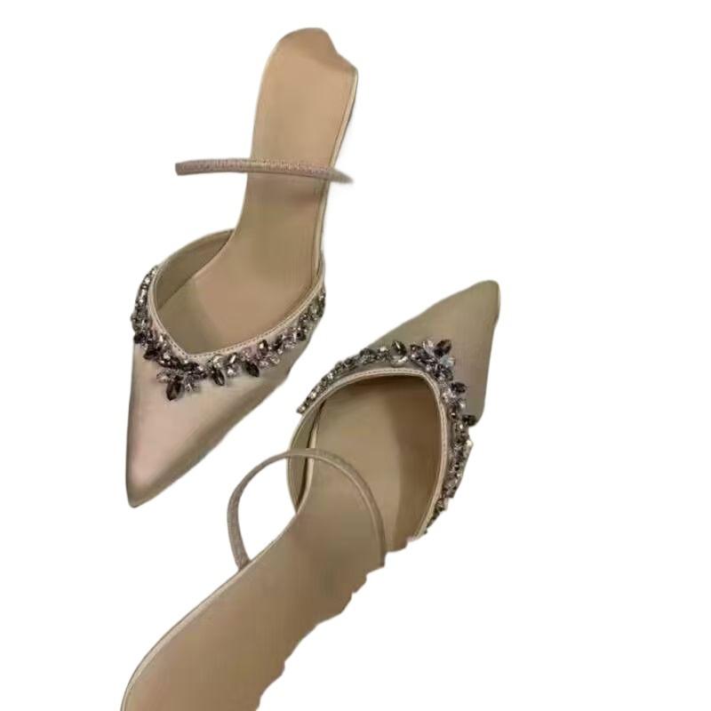 Fashion 2025 Summer Modern Women's Closed Toe Slippers Sexy Crystal Pointed Toe Thin Heels Elegant Fashion Dress & Party Sandal Zapatos