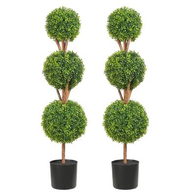 Kunstige Topiary Buksbom Træer, 48 tommer Høje (2 stk.), 3 Kugleformede Kunstige Topiarier Planter med Potteplanter, Grøn Kunstig Plante m/ Udskiftelige Blade