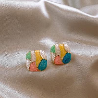 New Premium Candy Colorful Enamel Geometric Square Stud Earrings Women's Fashion Party Sweet Accessories for Girls