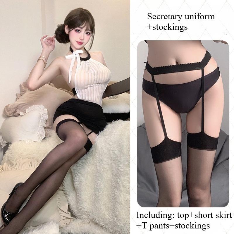 Ladies' Sexy Lingerie Tight Fitting Hip Hugging Skirt Pure Desire Secretary Uniform Temptation Perspective Hollow Out Set