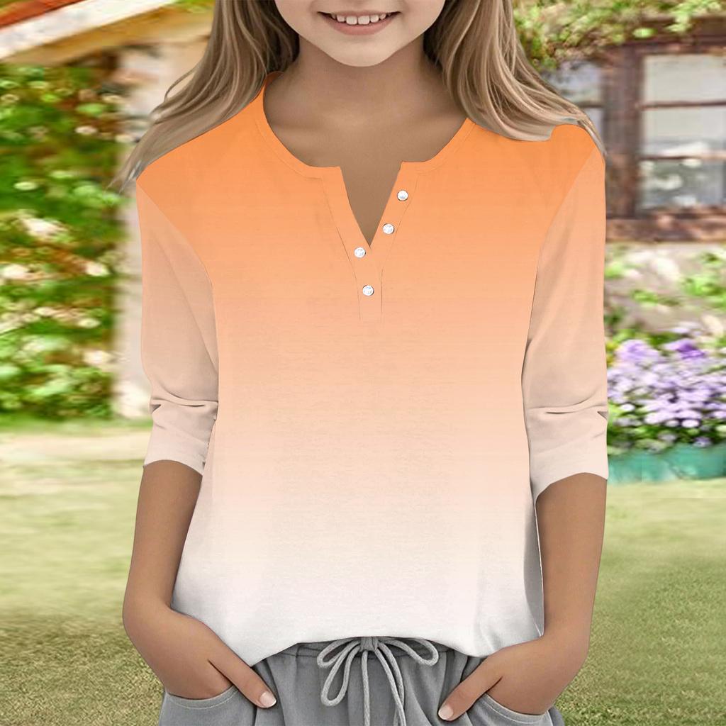 Print Tops For Youth Girls V Neck Button 3/4 Sleeves T-Shirts Trendy Tops Outfit Tees
