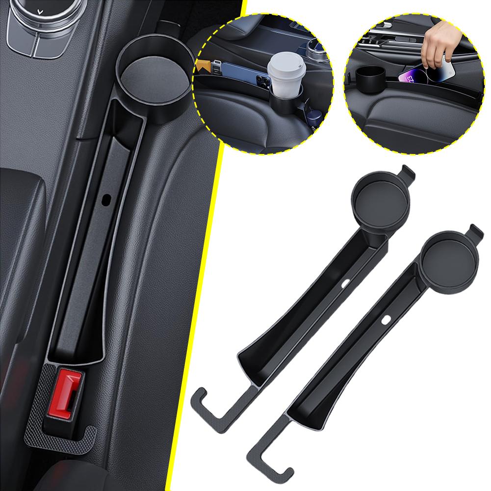 Dual Slot Car Seat Gap Organizer with Cup Holder, Universal Auto Gap Filler Strip 2 Pack with Seat Belt Holes