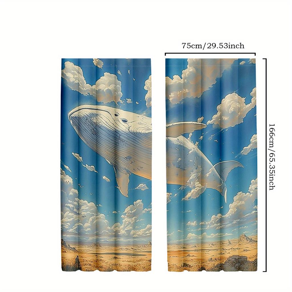 2pcs Classic Style Sky Whale Fantasy Blackout Drapes   Polyester Animal Clouds Curtains for Living Room